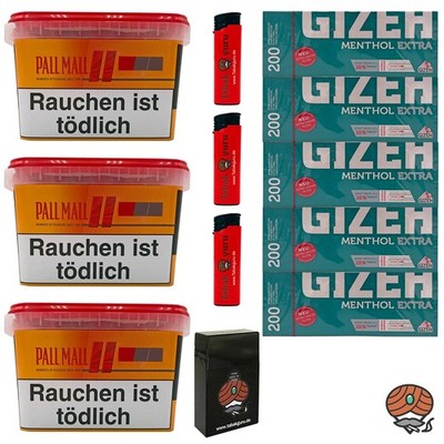Pall Mall Allround Mega Box 3x 145g Tabak, Gizeh Menth. Extra Hülsen, Feuerzeuge