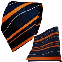 Tigertie Seidenkrawatte + Seideneinstecktuch Orange Blau Royal Silber Gestreift