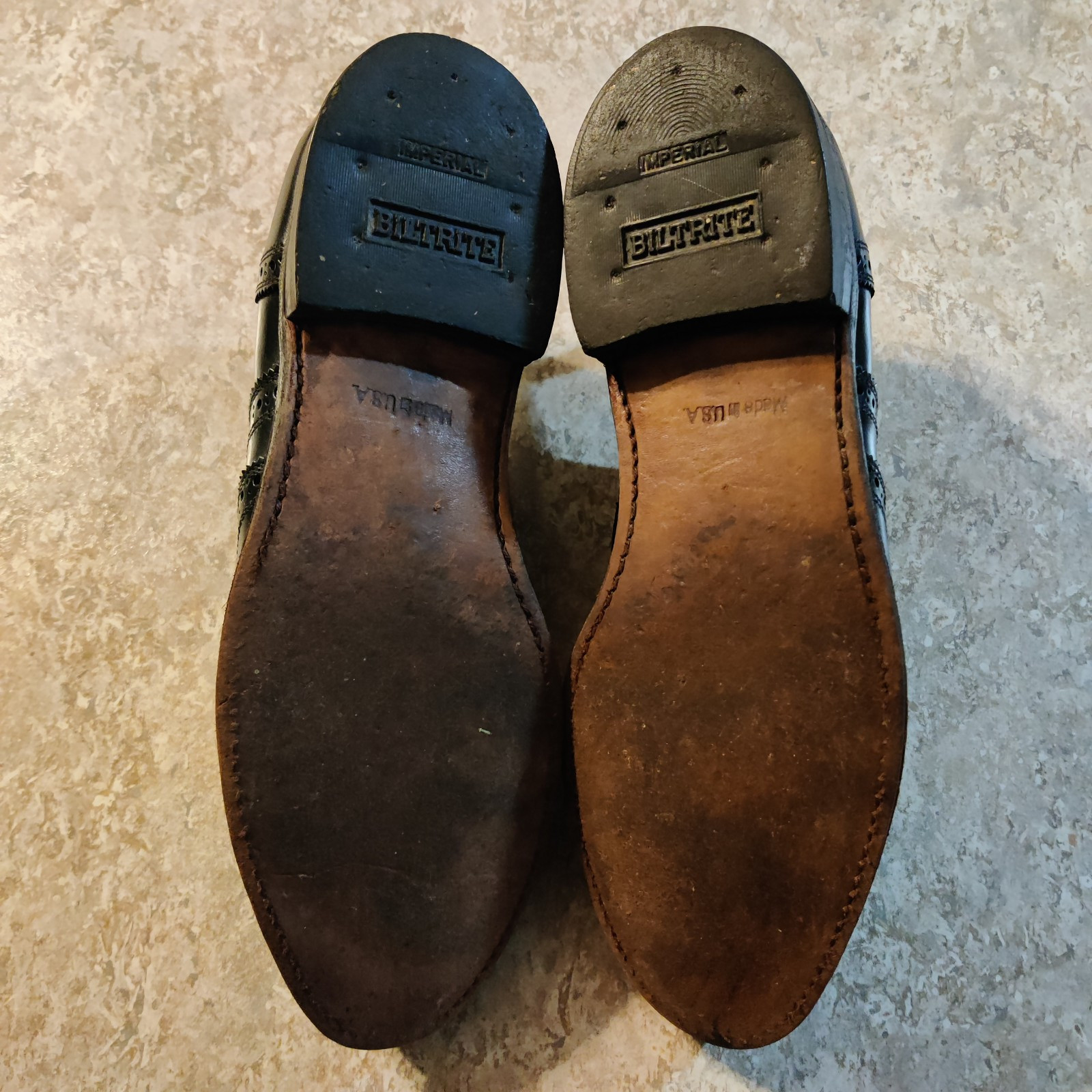 Vintage Biltrite Imperial Men's 9 D Triple Black Leather Wing Tip Shoes USA Made