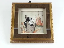 Vintage Embroidered Art Stitched Panda Shadow Box Framed Mixed Media