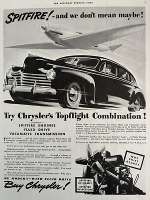 Chrysler Topflight Combo Fluid Drive Spitfire Airplane Vintage Print Ad 1941