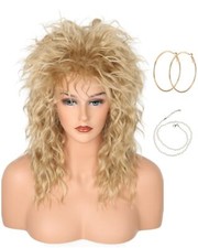 Womens Blonde Long Curly 80s Rocker Mullet Wig Halloween Party Costume Wig