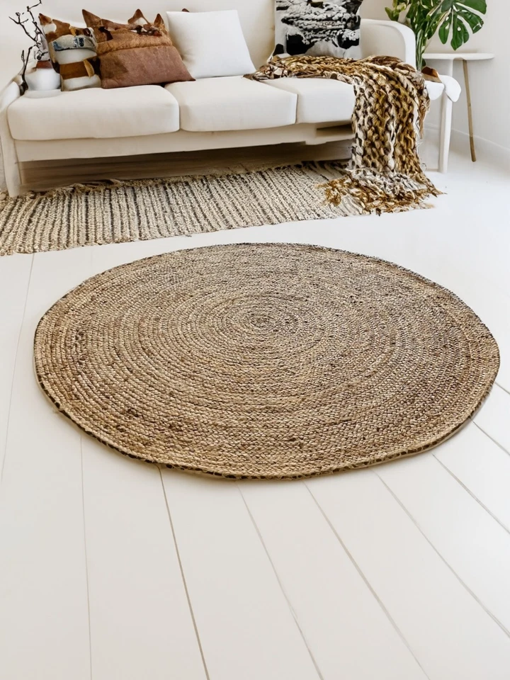DHAKA Round Jute Rug Hand Woven Mat Rustic Natural Fibre Braided Indian Jute - Image 3 of 4