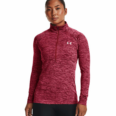 Under Armour Rush Tech 1/2 Zip Twist Damen-Shirt Funktionsshirt Top Rot Meliert