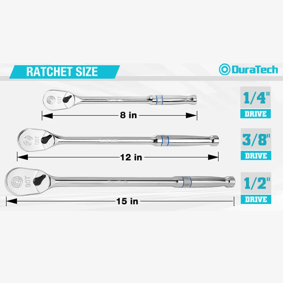 DURATECH 1/4" Drive Ratchet Handle Ratchet Wrench 90Tooth w/8" Extra Long Handle - Image 3 of 4