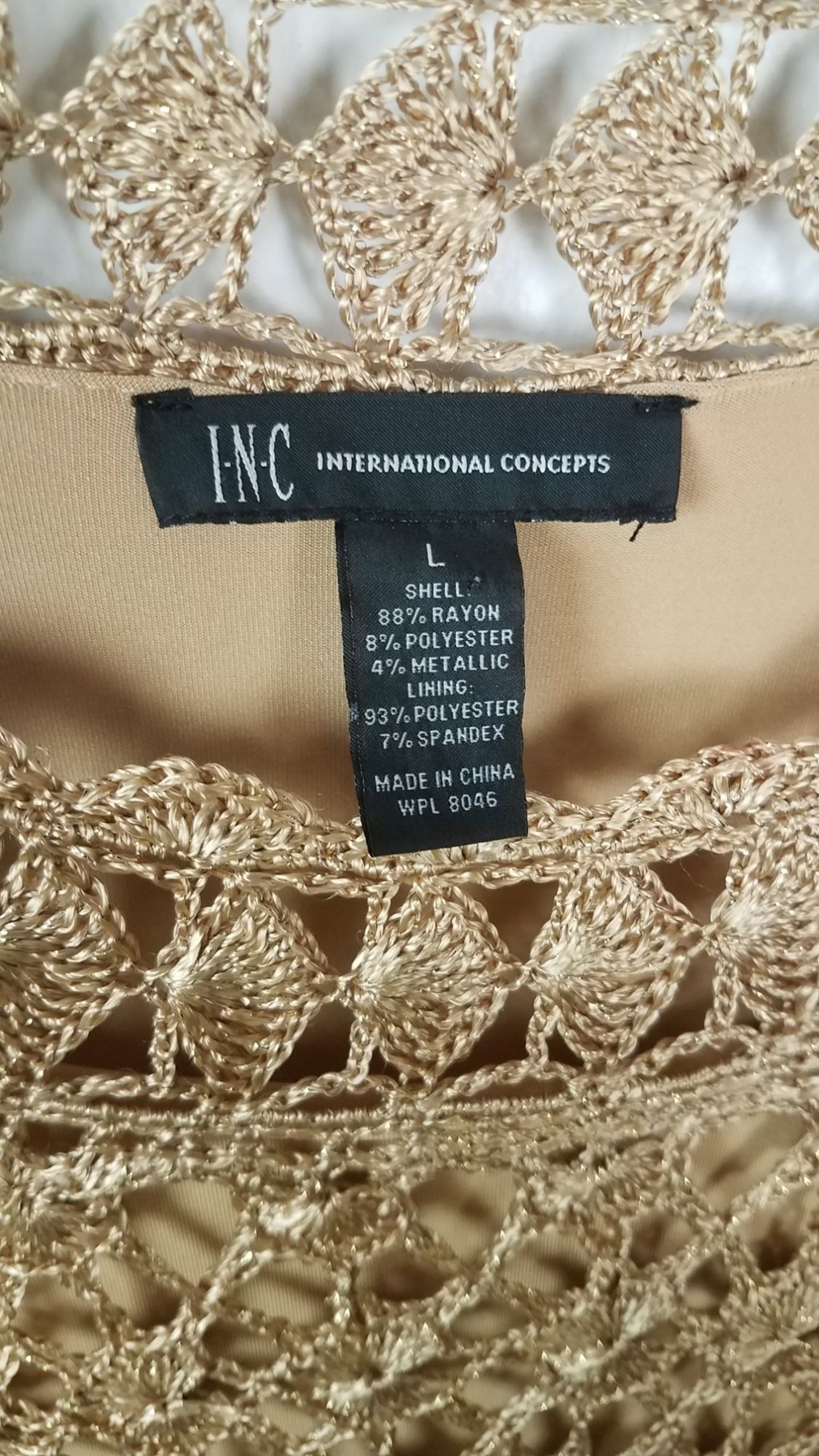 INC International Concepts Sz. L ThreeQuarterSleeve Metallic Crochet
