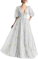 Women's Half Sleeve Lace Embroidery Prom Dresses Maxi V Neck Party Evening Dress
