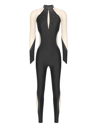 Women Gymnastics Dance Long Sleeve Shiny Rhinestones Dancewear Mock Neck Costume - Picture 36 of 44