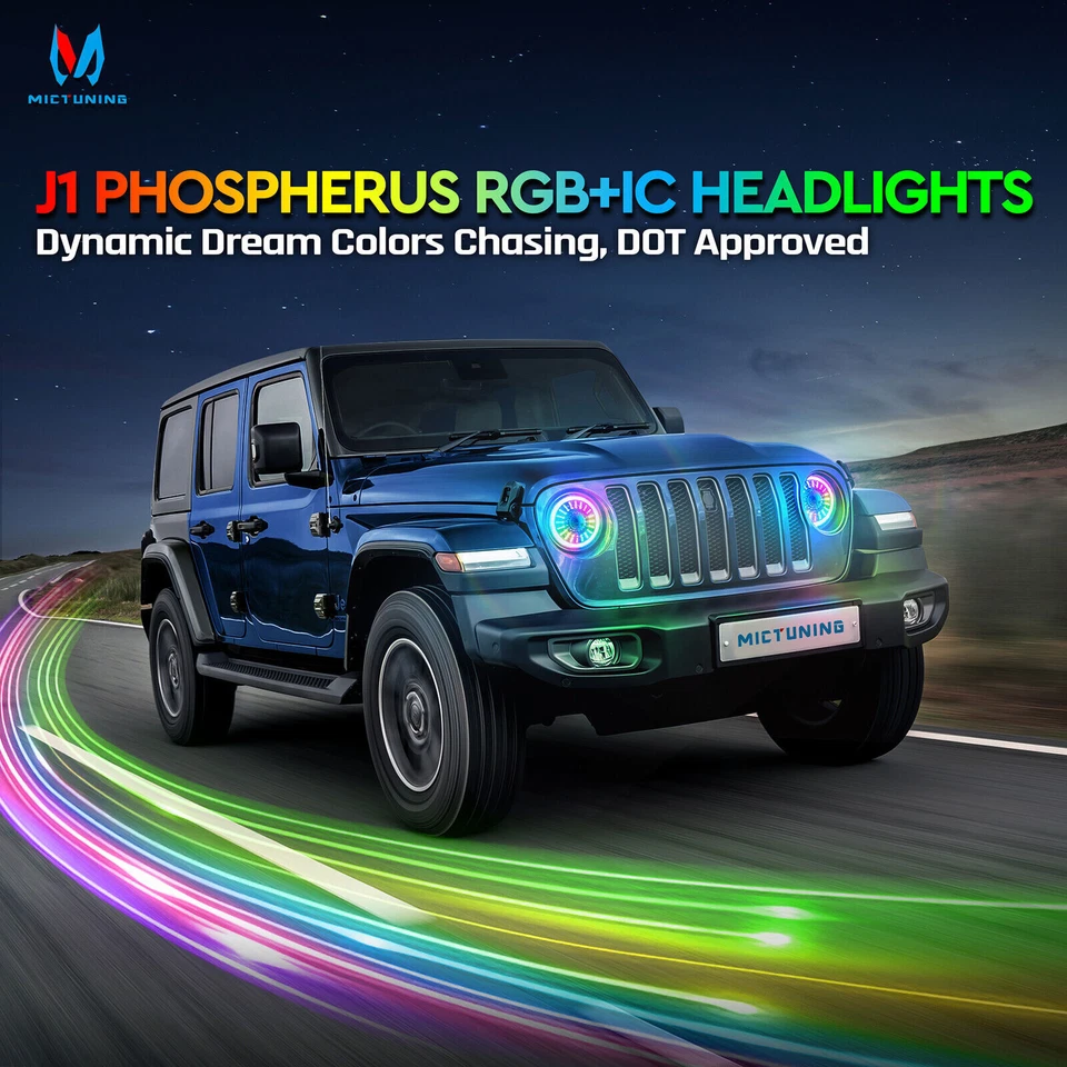 MICTUNING J1 7" Round Headlight Headlamp, RGB+IC LED Chasing App for Wrangler JK - Изображение 4 из 4
