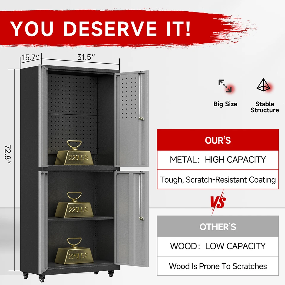 Armario de almacenamiento de herramientas de metal con bloqueo armario de garaje rodante armario estantes cofre Foto 2 de 4