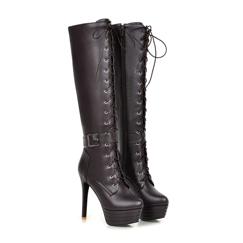women Synthetic Leather High Heels Zipper Lace Up Shoes Knee Boots UK Size - Bild 11 von 43