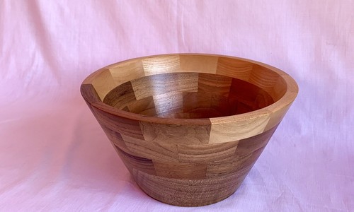Cambridge Ware Wooden Fruit Bowl with Chequerboard Design 12 Inches - Picture 6 of 7