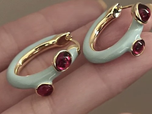 Anthropologie Hoop Earrings Blue Red CZ Gold Enamel Boho Irregular Drip Oil - Picture 2 of 9