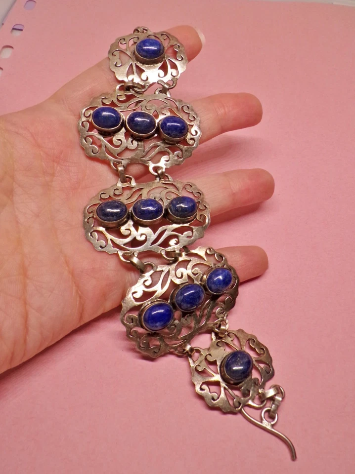 ARGENTO 925 STERLING bracelet bracciale lapis lazuli taxco Mexican style vintage - Immagine 2 di 4