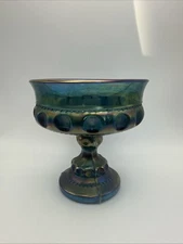 Vtg Carnival Glass Candy Dish Thumbprint Blue, Iridescent, Compote 5.25"