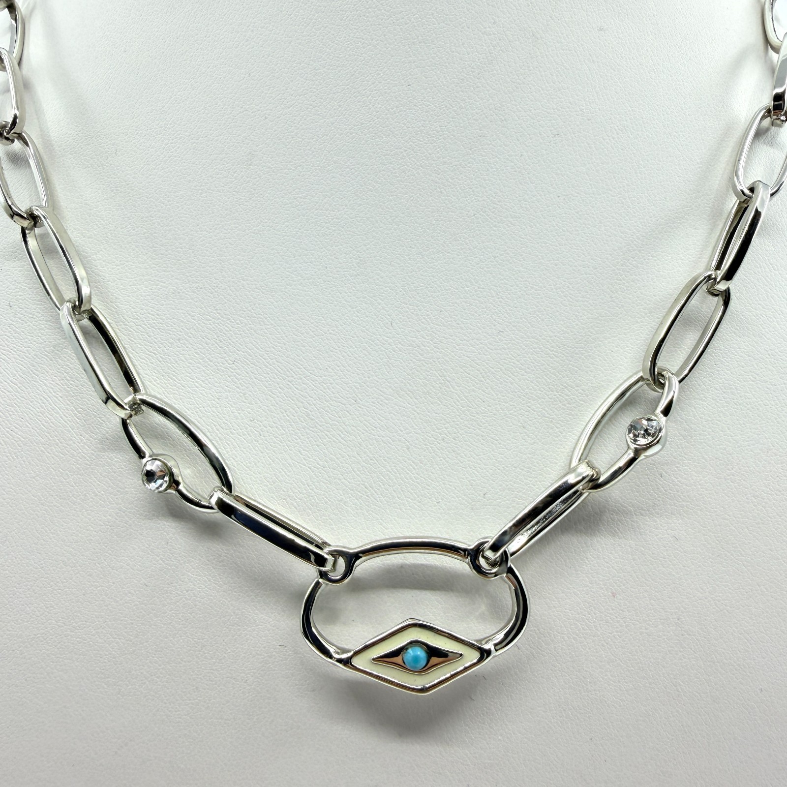 Vintage Y2K Silver Tone Evil Eye Link Chain Necklace Faux Turquoise Rhinestone