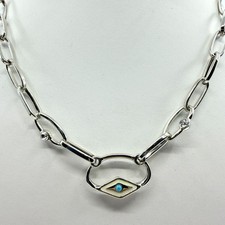 Vintage Y2K Silver Tone Evil Eye Link Chain Necklace Faux Turquoise Rhinestone
