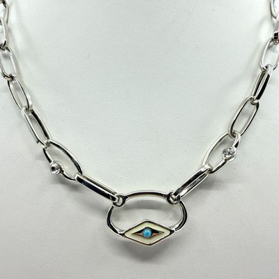 Vintage Y2K Silver Tone Evil Eye Link Chain Necklace Faux Turquoise Rhinestone