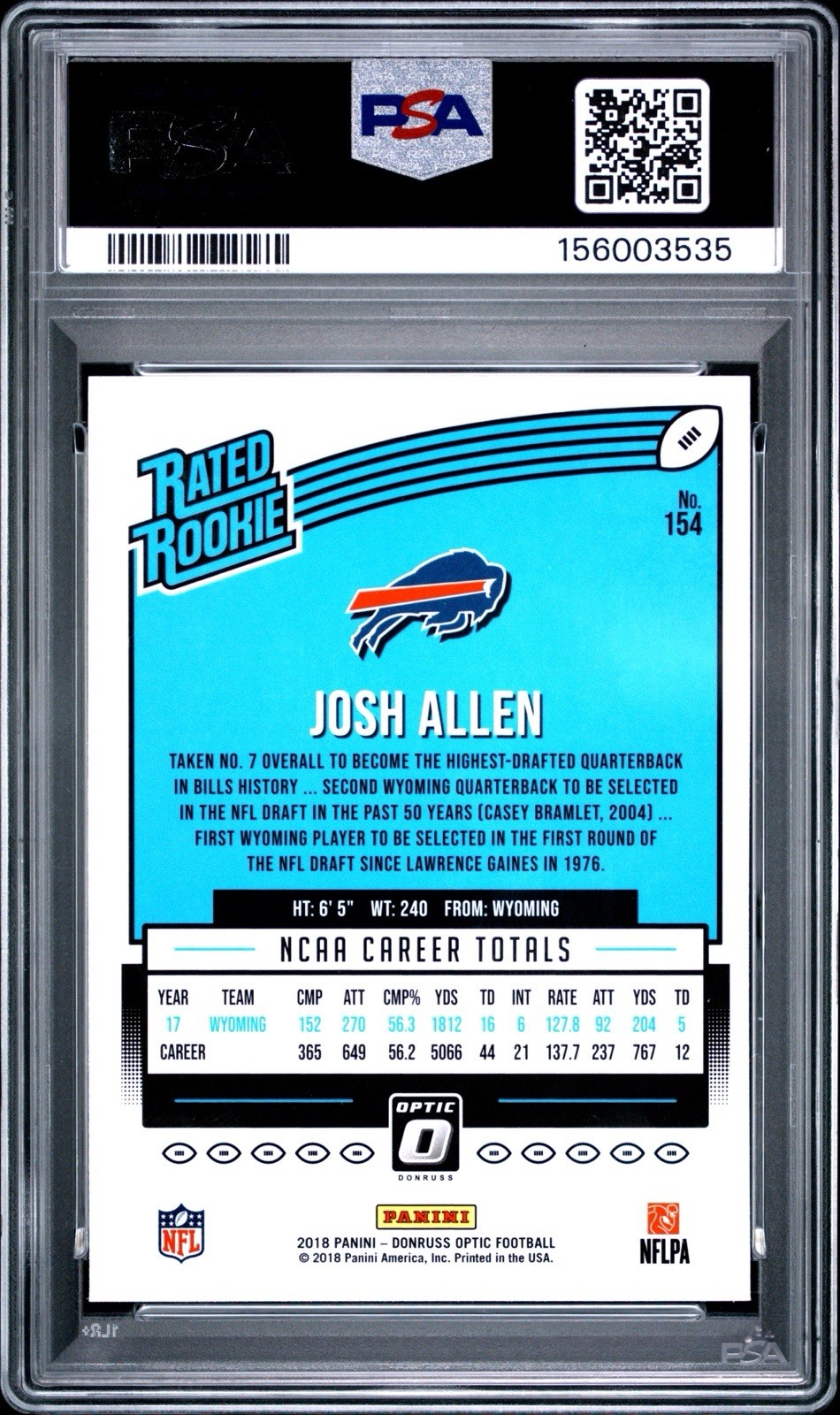 2018 Panini Donruss Optic Josh Allen Rated Rookie #154 Buffalo Bills PSA 10 view 2