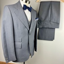 VTG 70s 80s Michael Rudd 38L gray striped polyester 3pc suit 35 x 32 flare pants