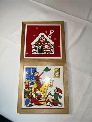 Lot Of 2 Vintage Christmas Framed Tile 7 1/2x7 1/2  Ready For Hanging