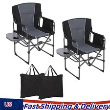 2 Pcs Oversized Folding Director Camping Chair Outdoor Chair w/ Side Table Black