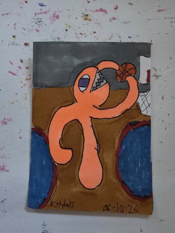 ACEO ATC Kittybats Yarg Loves Basketball Tentacles Monster Cartoon OOAK