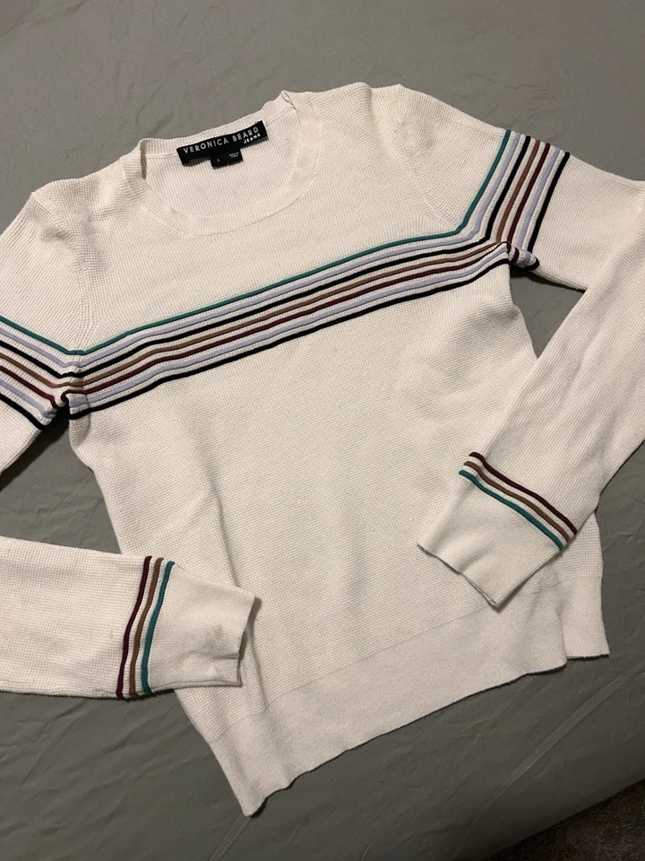 Veronica Beard Posie Ivory Multicolor Striped Crewneck Pullover Sweater Sz S - Image 2 of 4