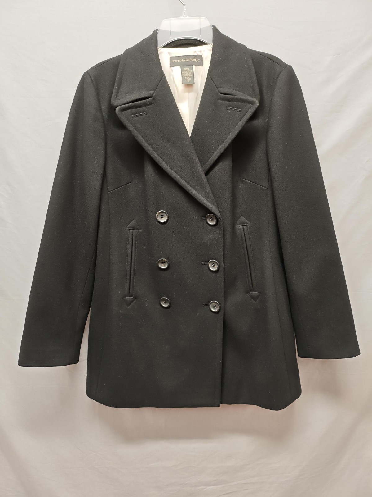 Banana Republic Coat Womens Medium Black Wool Blend Peacoat Double Breasted