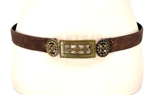 Chicos women M/L Brown genuine Leather Belt Brass square Buckle Amber Rhinestone