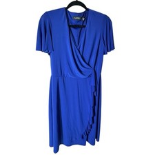 LRL Lauren Ralph Lauren Dress Womens Size 8 Blue Rushed Wrap Shortsleeve