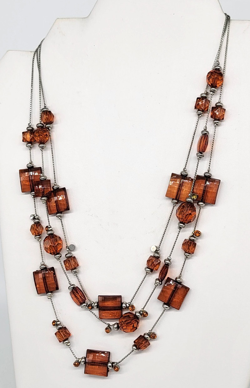 Amber Brown Acrylic Beaded Statement Necklace Lay… - image 6