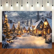 2D Flat Rustic Christmas Village Polyester Photo Backdrop - 3D Snowy Winter Scen