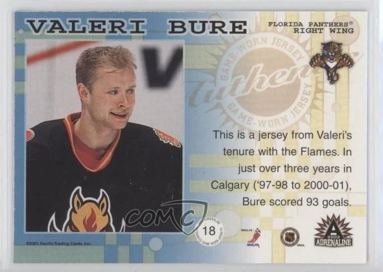2001-02 Pacific Adrenaline Game-Worn Jerseys Valeri Bure #18 - Image 2 of 2
