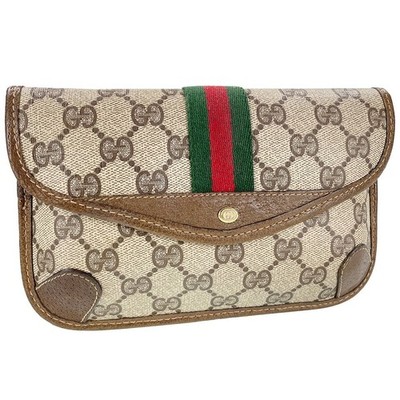 GUCCI Old Gucci Sherry Line PVC Leather Fabric Beige Brown Clutch bag 925