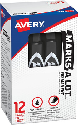 Marks-A-Lot  Regular Desk-Style Size Chisel Tip, 12 Black Permanent Markers Are