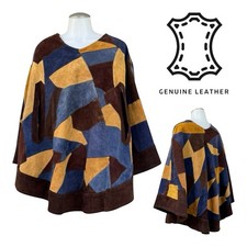 Vintage 60s 70s Womens OSFM Suede Leather Cape Poncho Patchwork Colorful Boho