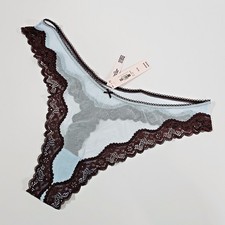 Victoria's Secret Tease Mesh Lace Trim High Leg Thong, Light Blue/Brown, Size XL