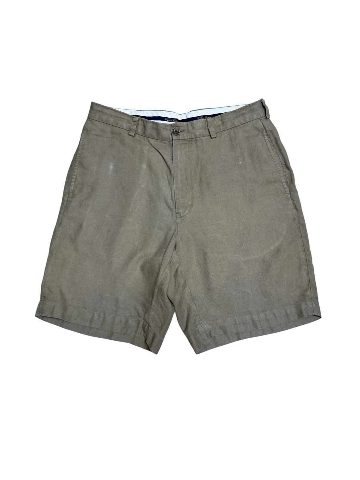 Brooks Brothers Linen Shorts Mens 34 Olive Green 100% Linen Flat Front Chino