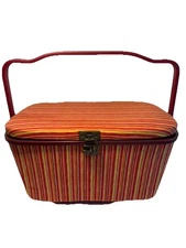 Vintage MCM Sewing Utility Box Orange Red Striped Fabric Cover 13”x7”x8” Retro