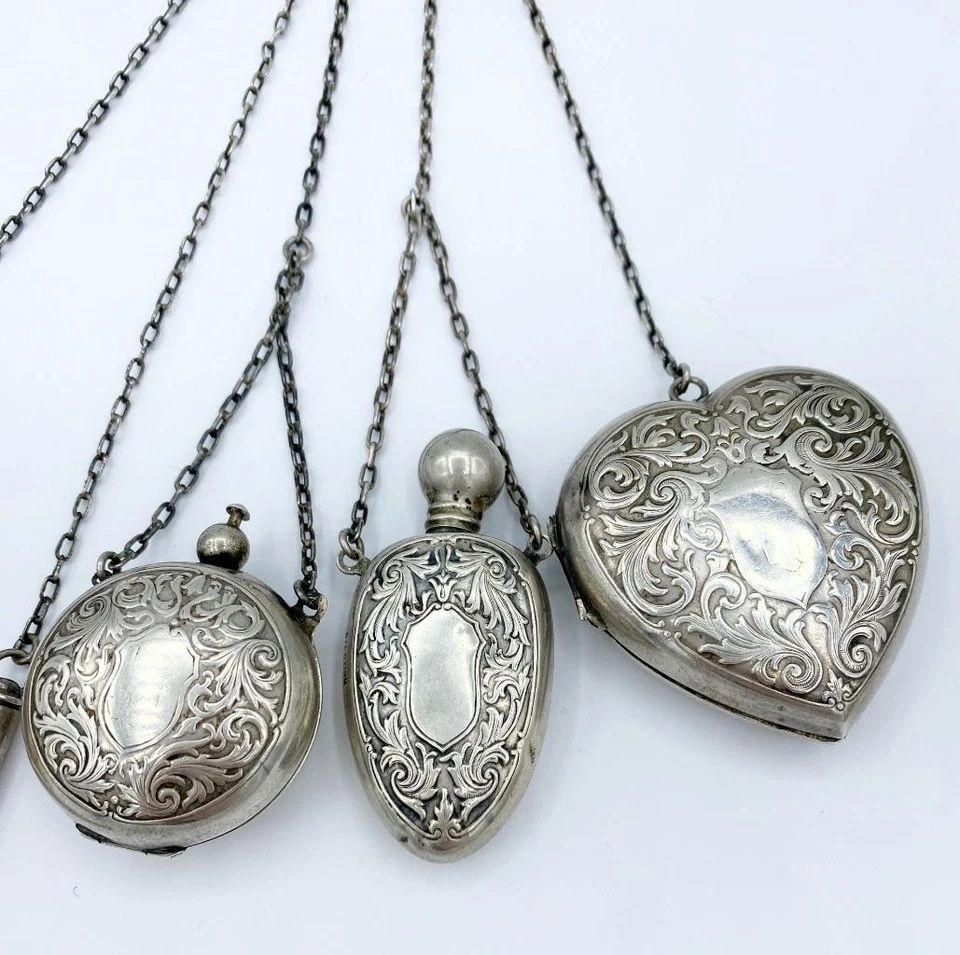 Antique Sterling Silver Chatelaine w Perfume Patch Box Notepad Pencil & locket - Image 3 of 4