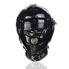 PU Leather Headgear Full Mask Hood Cosplay Hole Bondage Slave Deprivation BDSM