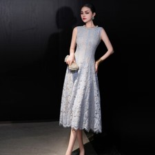 French Summer Women's Round Neck Sleeveless Pearl Diamond Light Blue Lace Dress