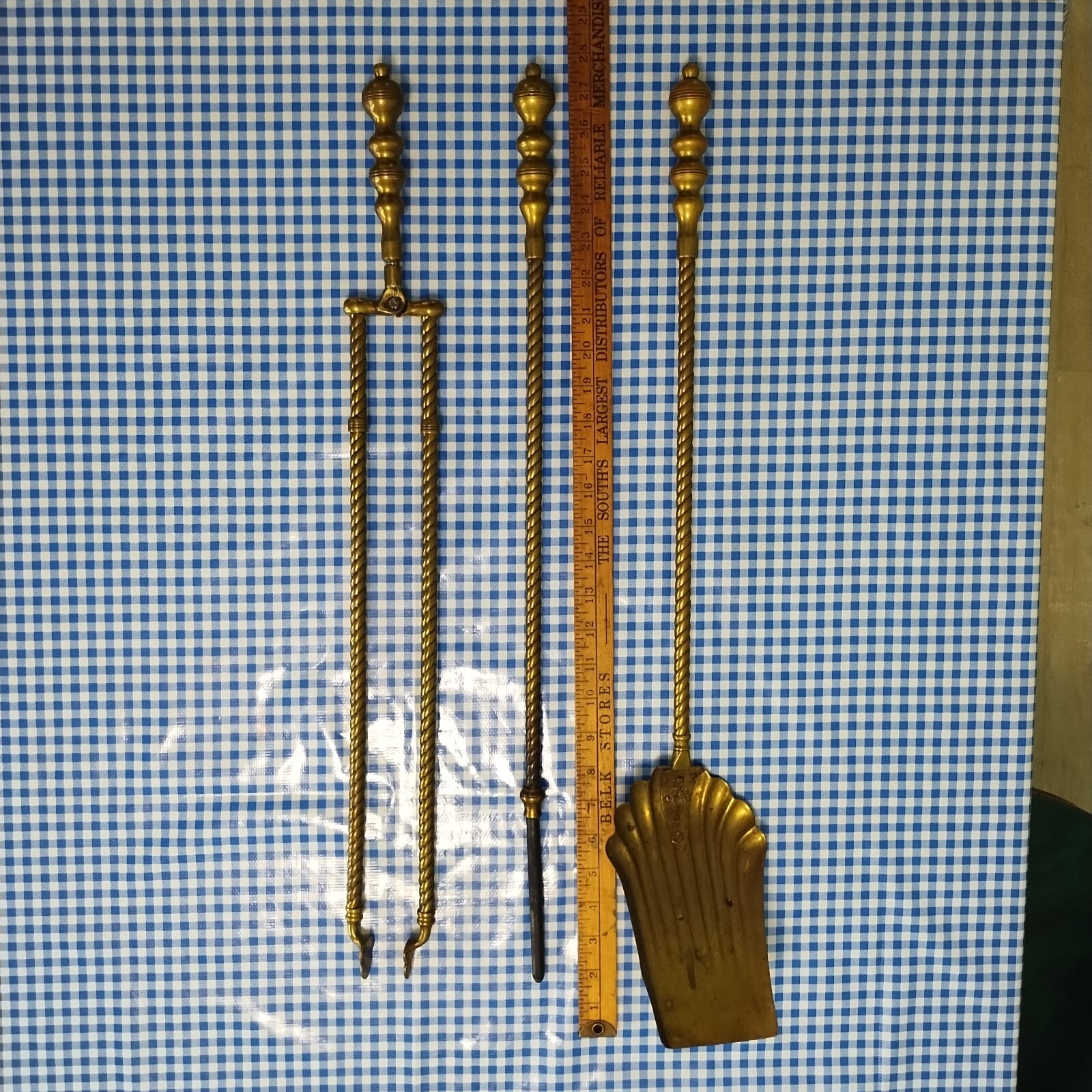 Vintage Mixed Brass Fireplace Tool Set and Stand 6 pc