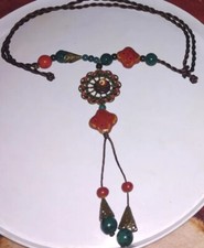 Handmade Ceramic, Stones, Bead Cord Necklace, Multicolor 28" To 34" /6.5" Drop