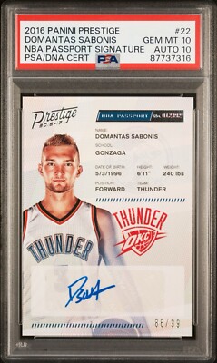 PSA 10 AUTO 10 2016-17 Prestige NBA Passport Domantas Sabonis RC 