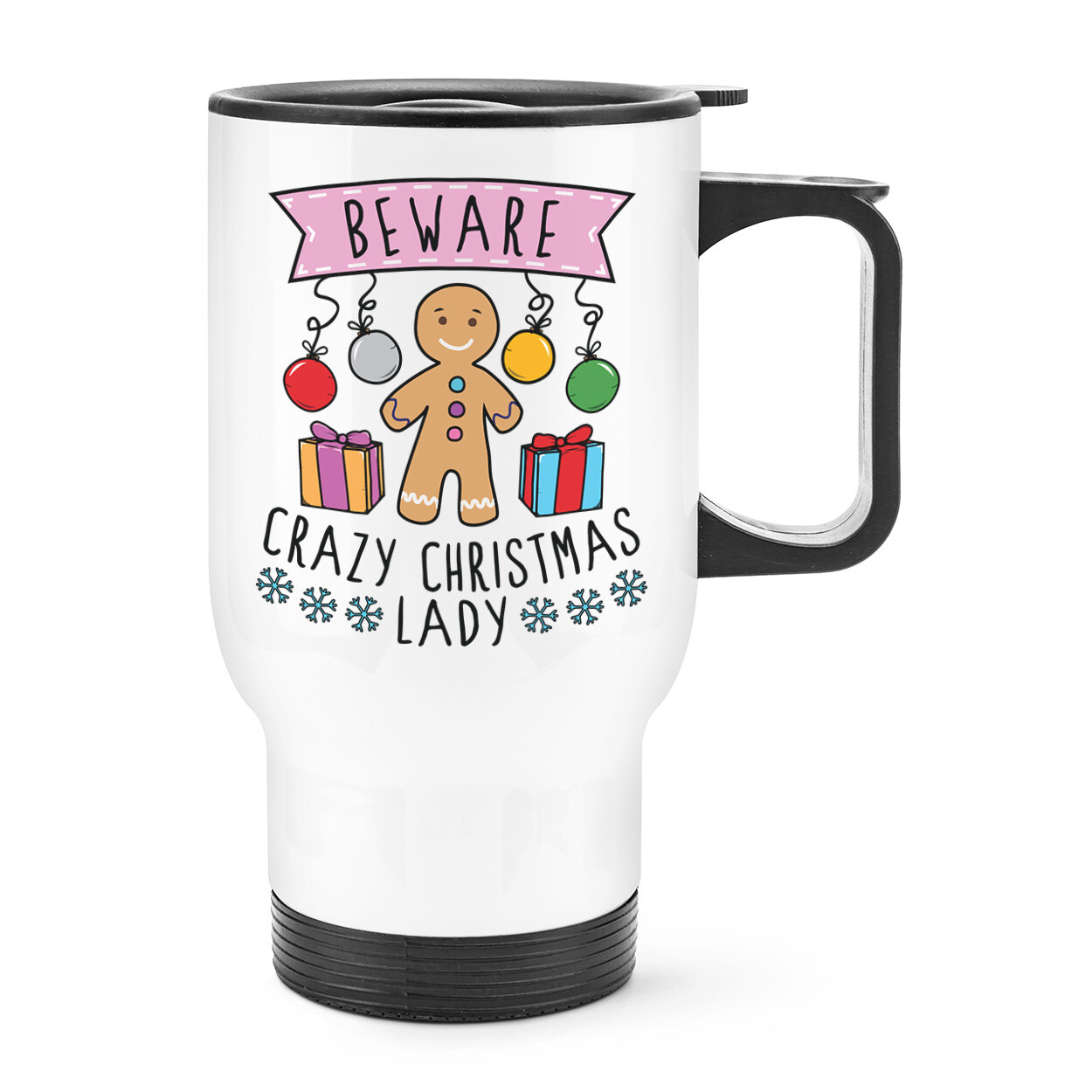 Beware Crazy Christmas Lady Travel Mug Cup With Handle - Funny Joke Secret Santa
