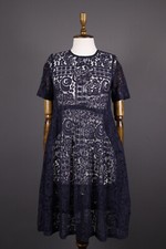 Max Mara Studio Blue Mesh Lace Floral Embroidered A-Line Dress US 2 / 36 / UK 4
