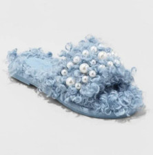 NEW Cat Jack Girls Adeline Embellished Pearl Fuzzy Slide Slippers Size 1