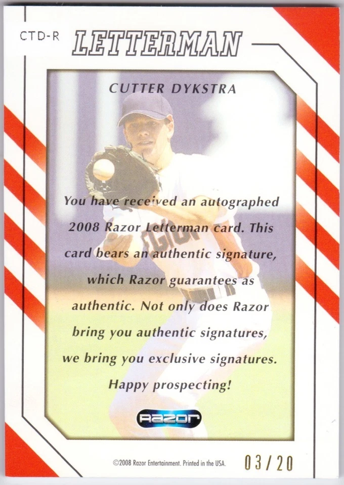 Cutter Dykstra 2008 Razor Letterman "R" #CTDR Autograph Patch 3/20 - Image 2 of 2